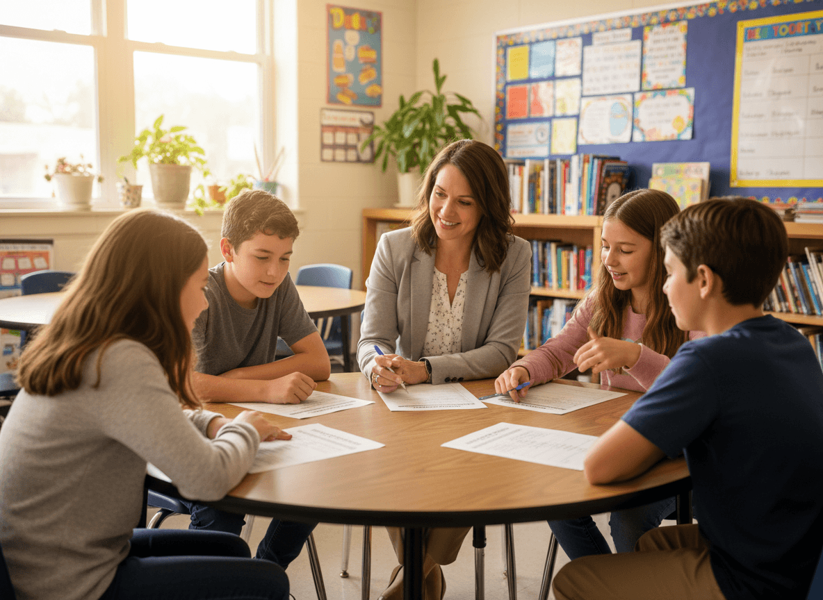 Middle school students reviewing interim progress reports with a teacher in a classroom setting