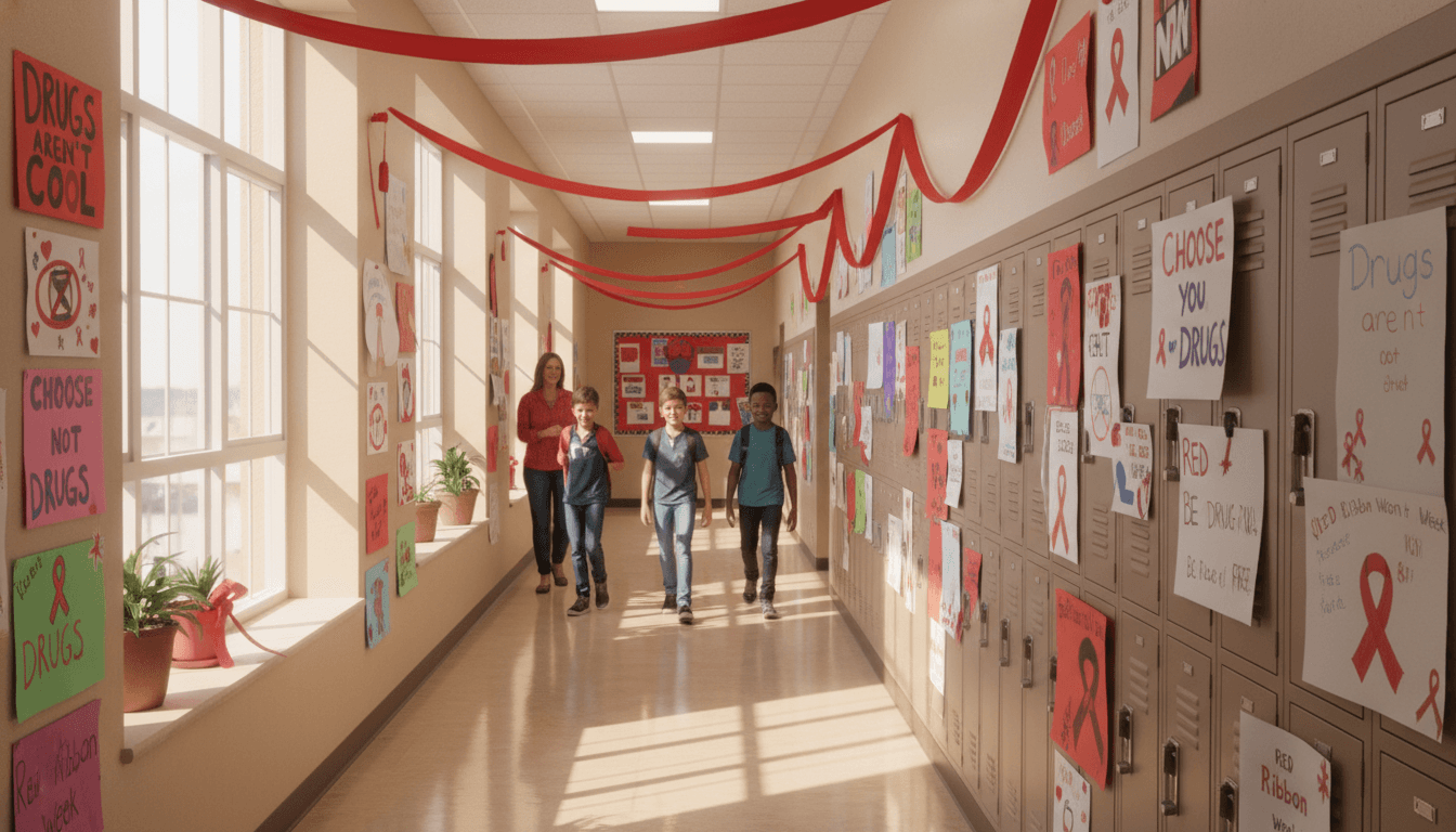 Middle school hallway decorated for Red Ribbon Week with student-made anti-drug posters on the walls