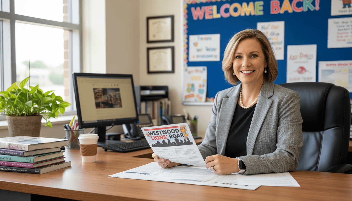 Missouri school principal reviewing newsletter at desk in Kansas City area school office