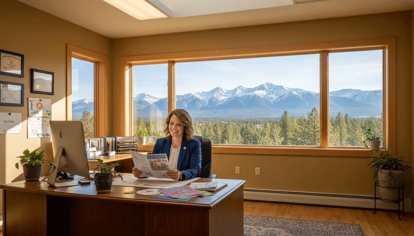 Montana school principal reviewing newsletter at desk with mountain range visible through office window