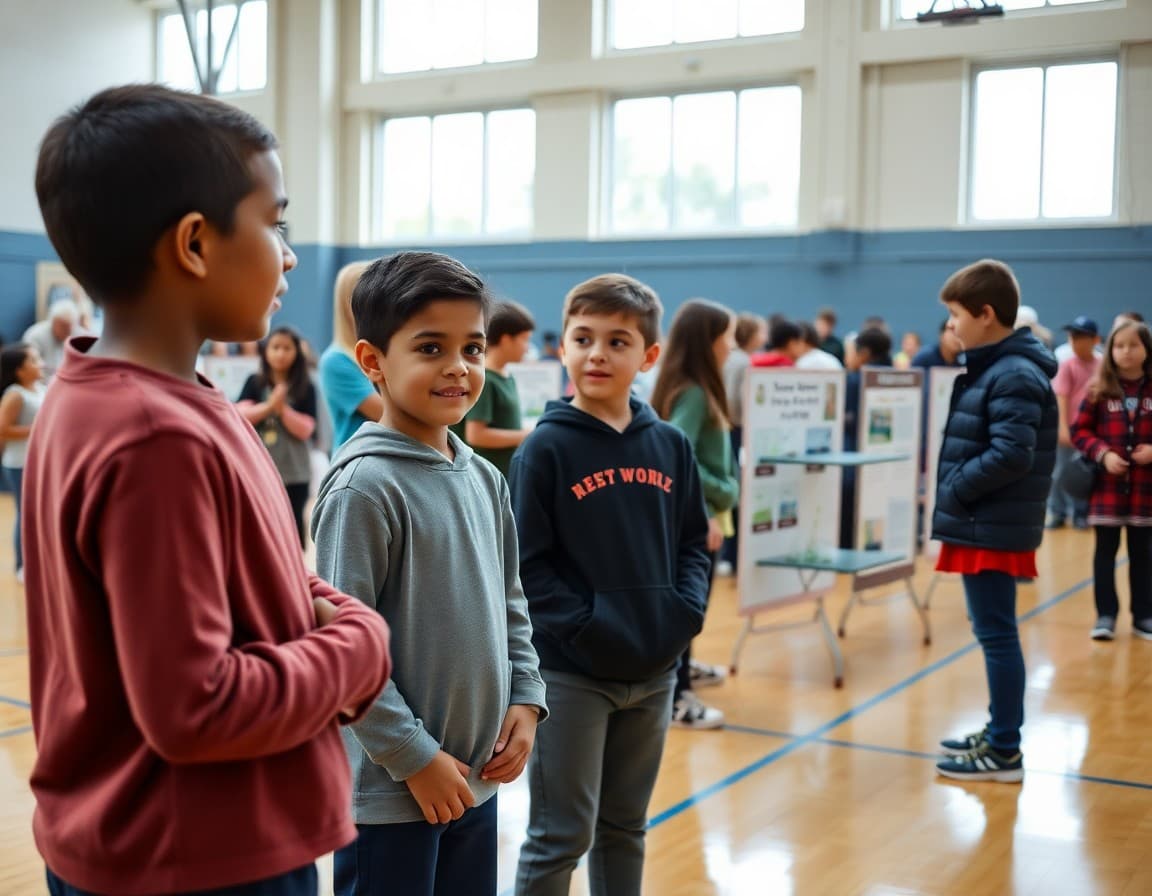 Young students presenting science fair projects to families in a school gymnasium