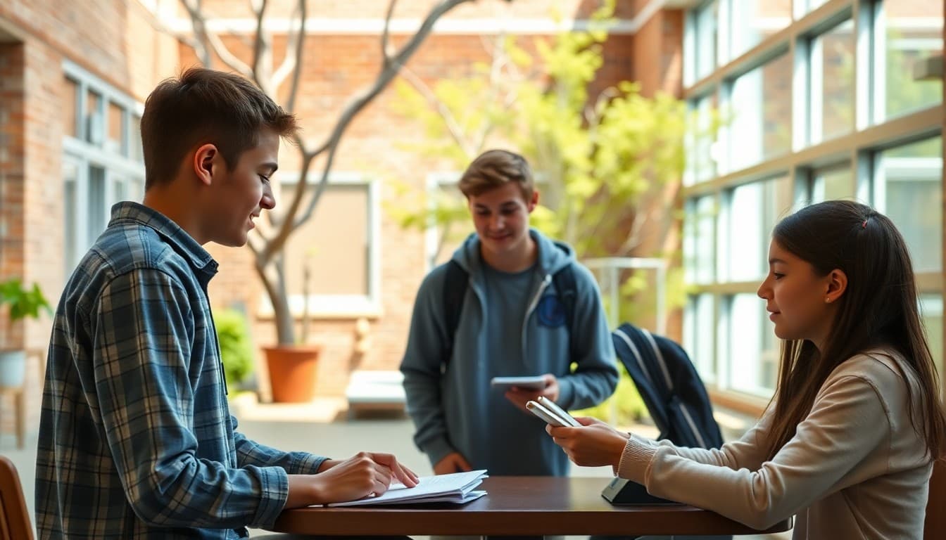 Middle school students working on a spring project presentation in a school courtyard