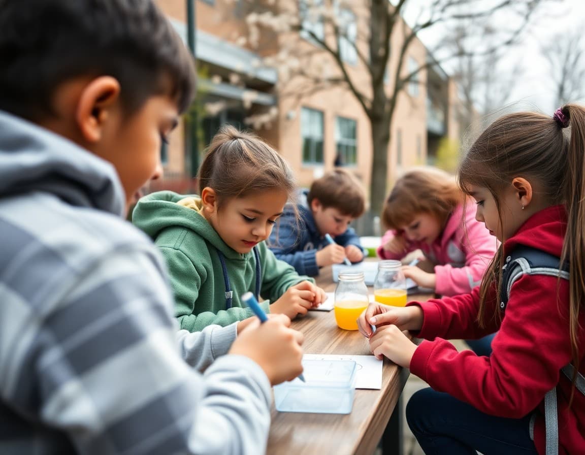 Students working on outdoor science activities during April spring weather