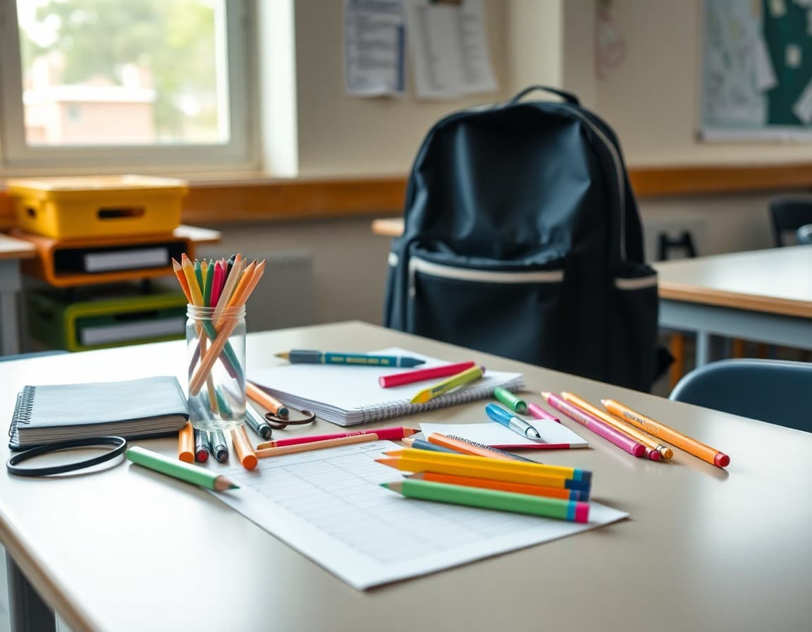 New school supplies arranged on a desk with a back-to-school list and backpack nearby