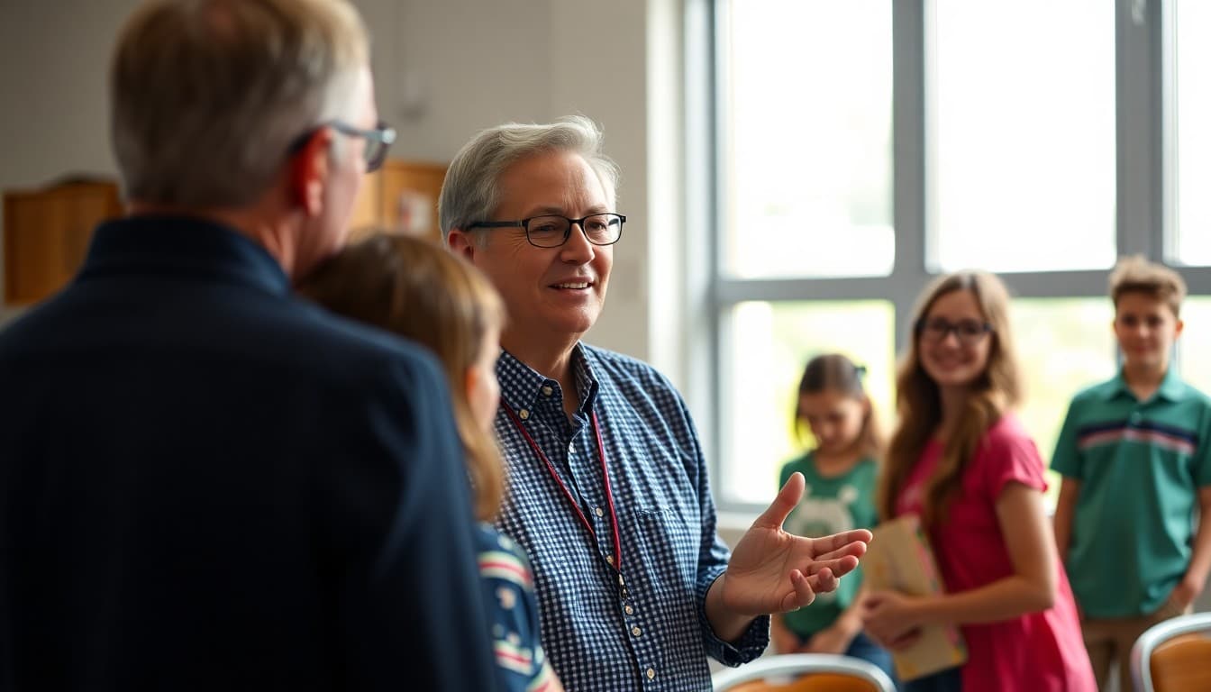 Principal welcoming families at a back-to-school orientation event in August