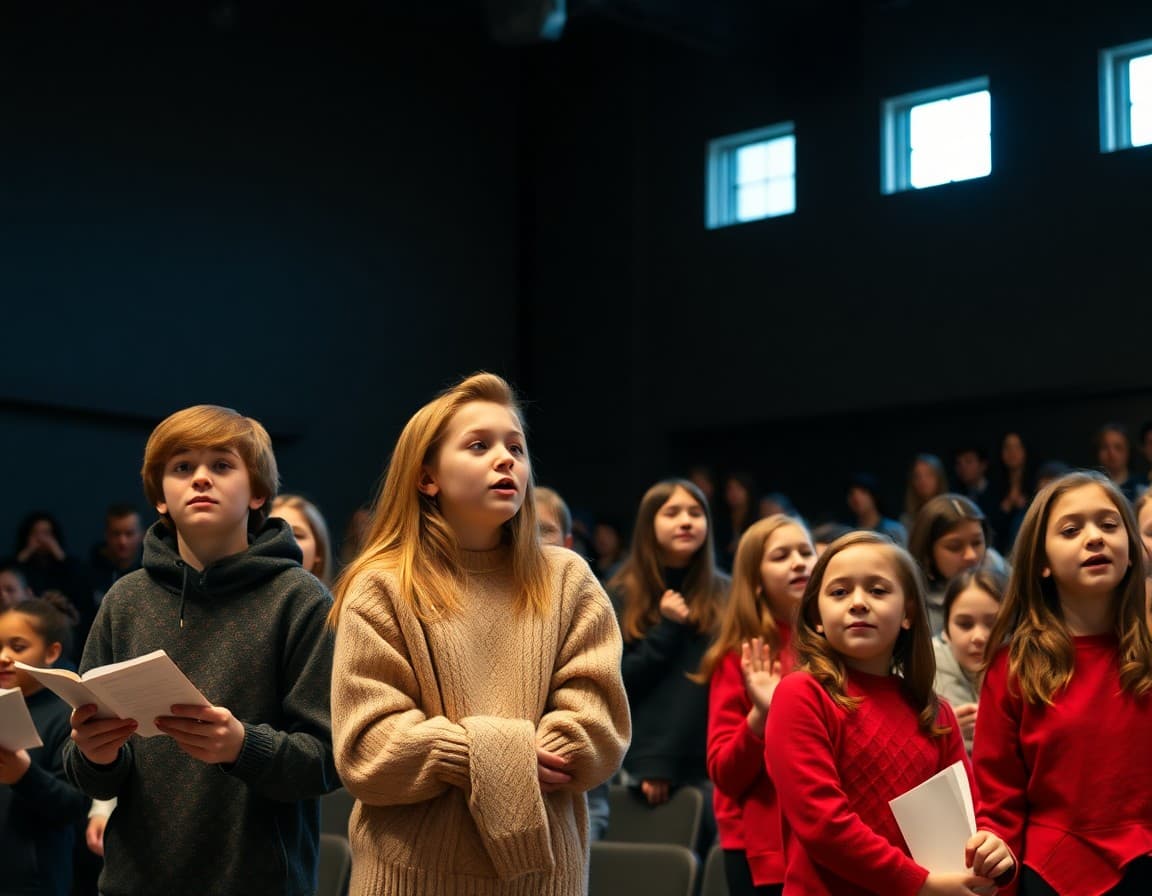 High school students performing in a winter concert on an auditorium stage in December