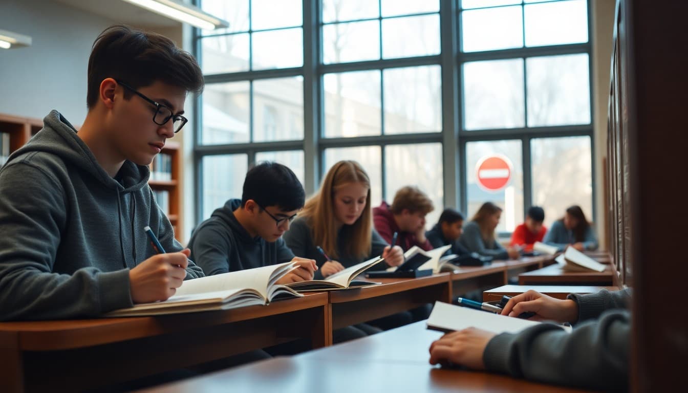 High school students studying for semester finals in a school library in December