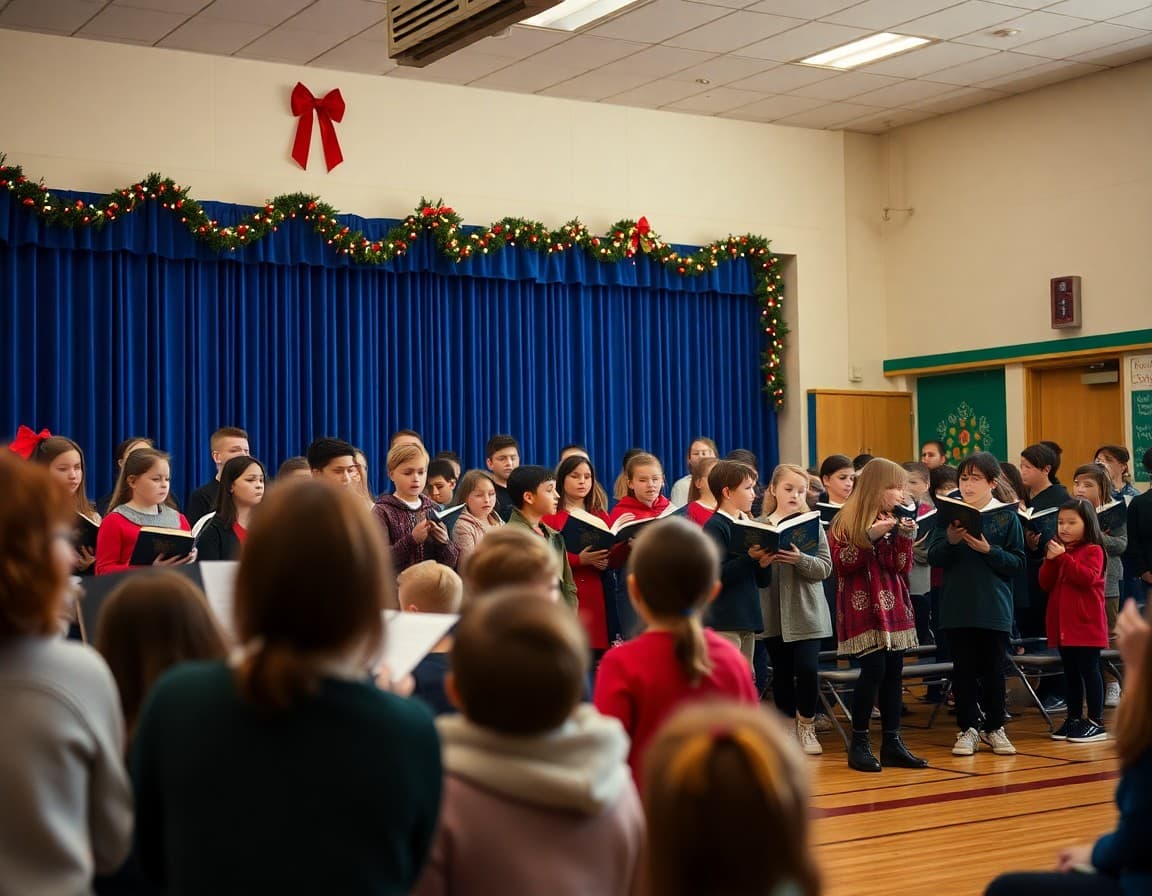 Students performing in a winter concert on a school stage with holiday decorations