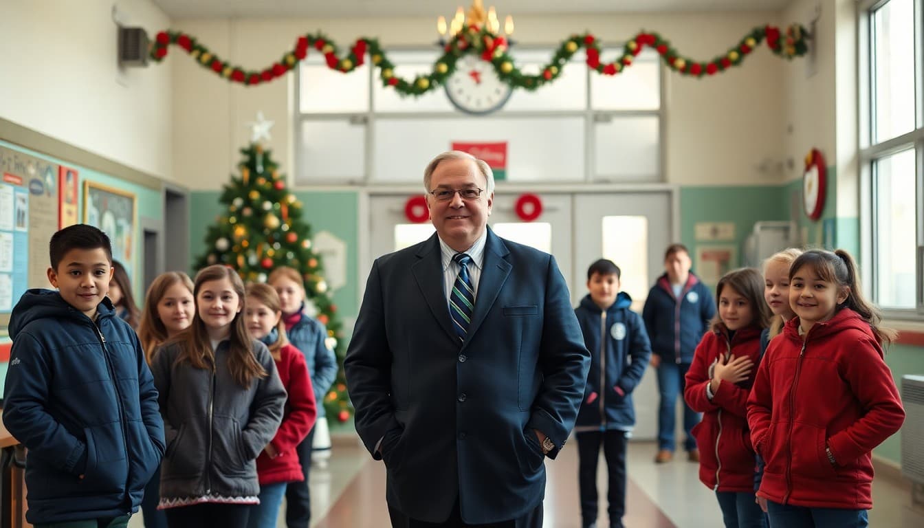 Principal standing with students in front of a decorated school lobby in December