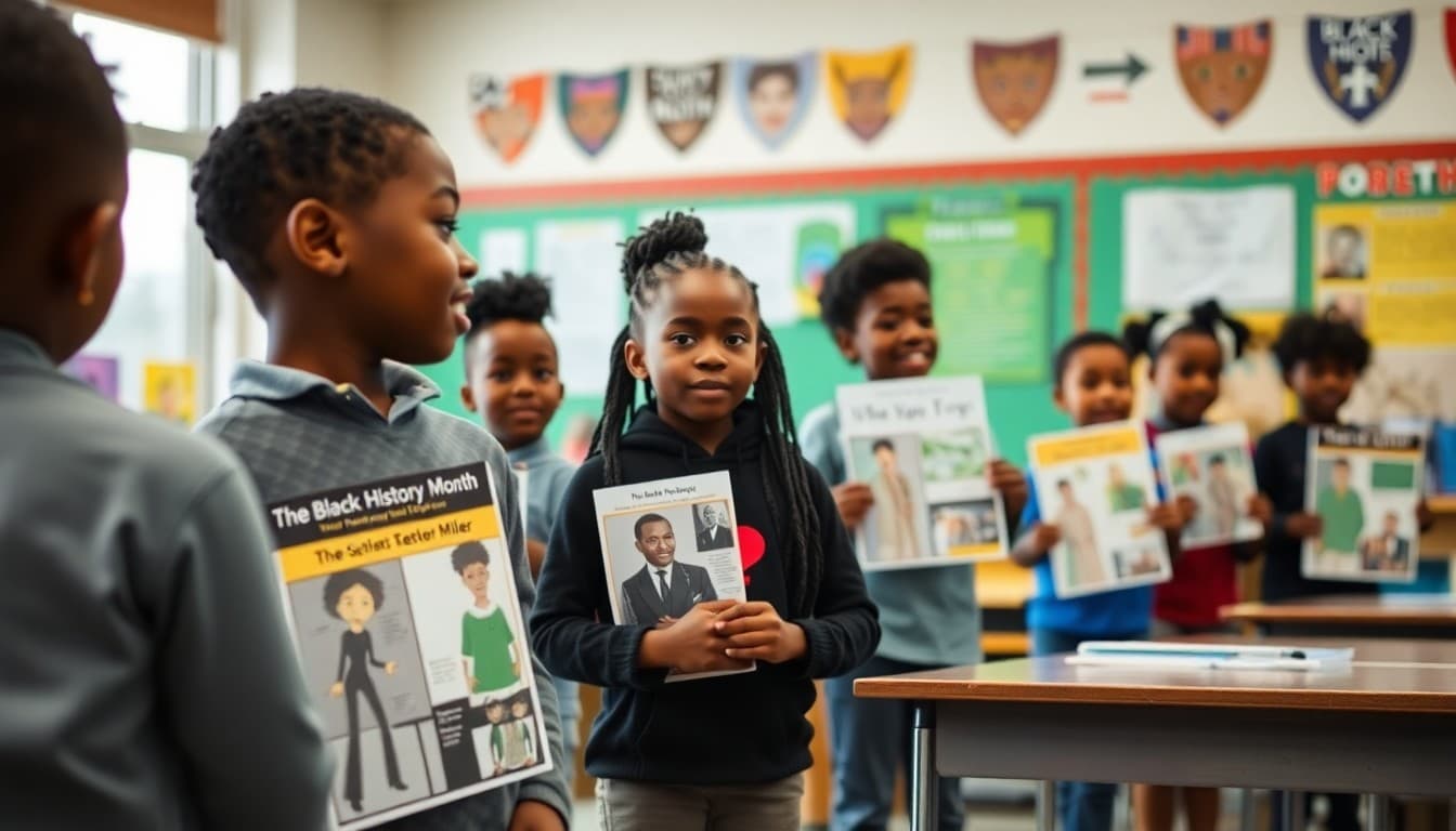 Elementary students presenting Black History Month projects at a classroom display