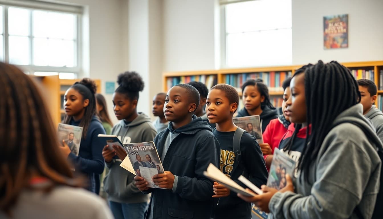 High school students presenting Black History Month research projects in a library setting