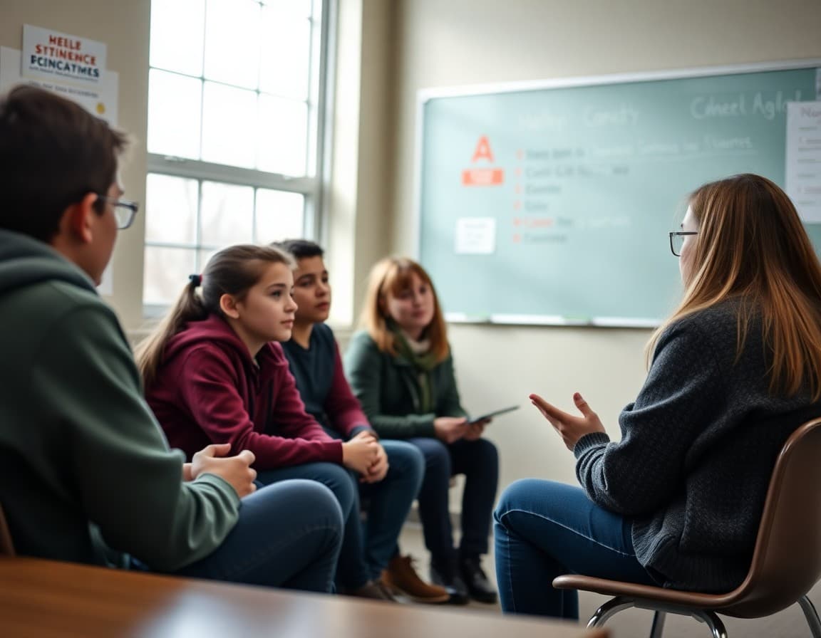 Middle school counselor facilitating a group discussion with students in February