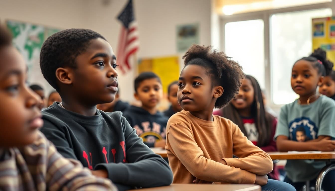 Middle school students presenting Black History Month research projects to classmates