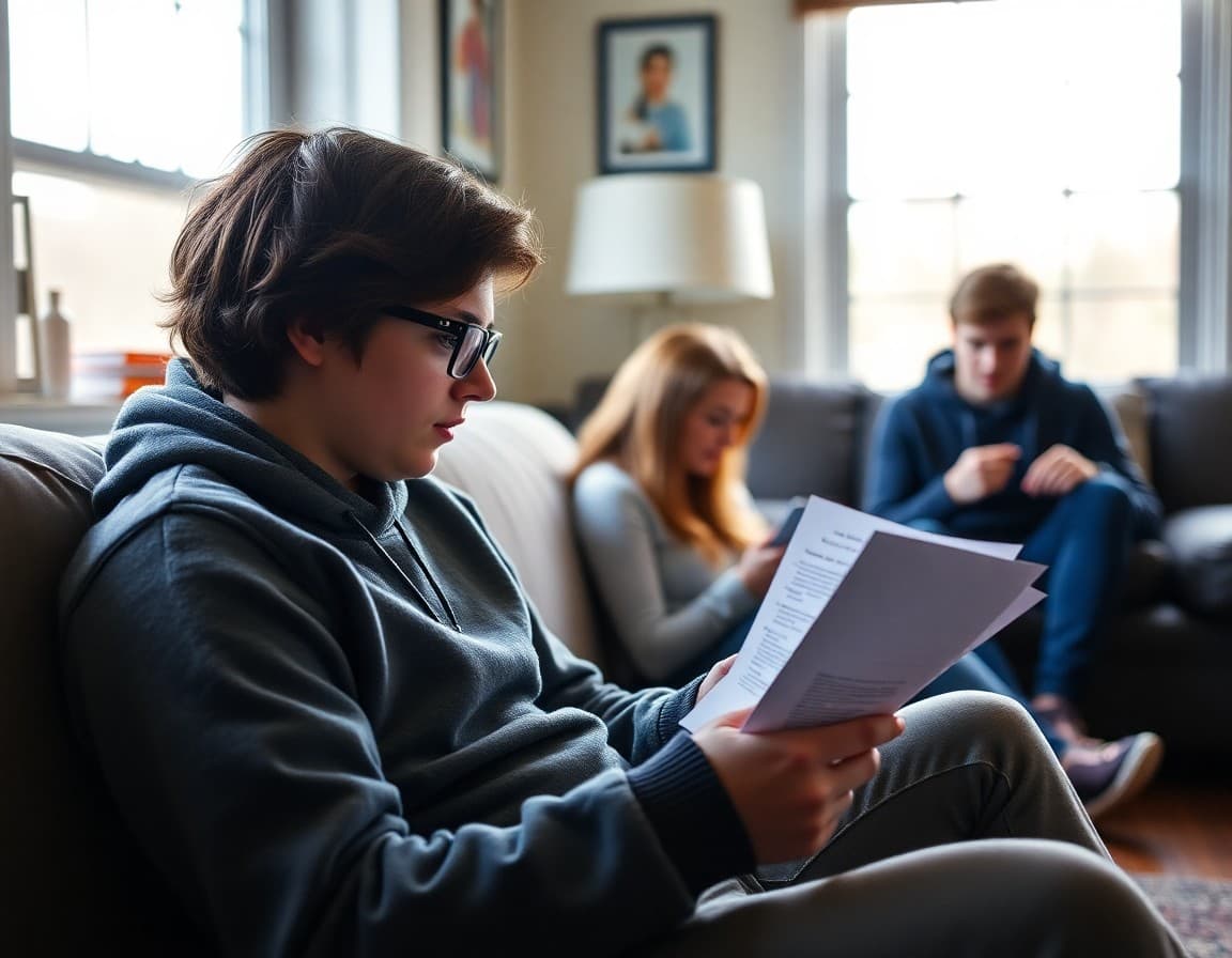 High school senior reviewing college acceptance letters in January at home