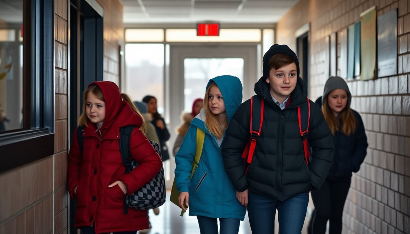 Middle school students arriving at school on the first day back after winter break in January