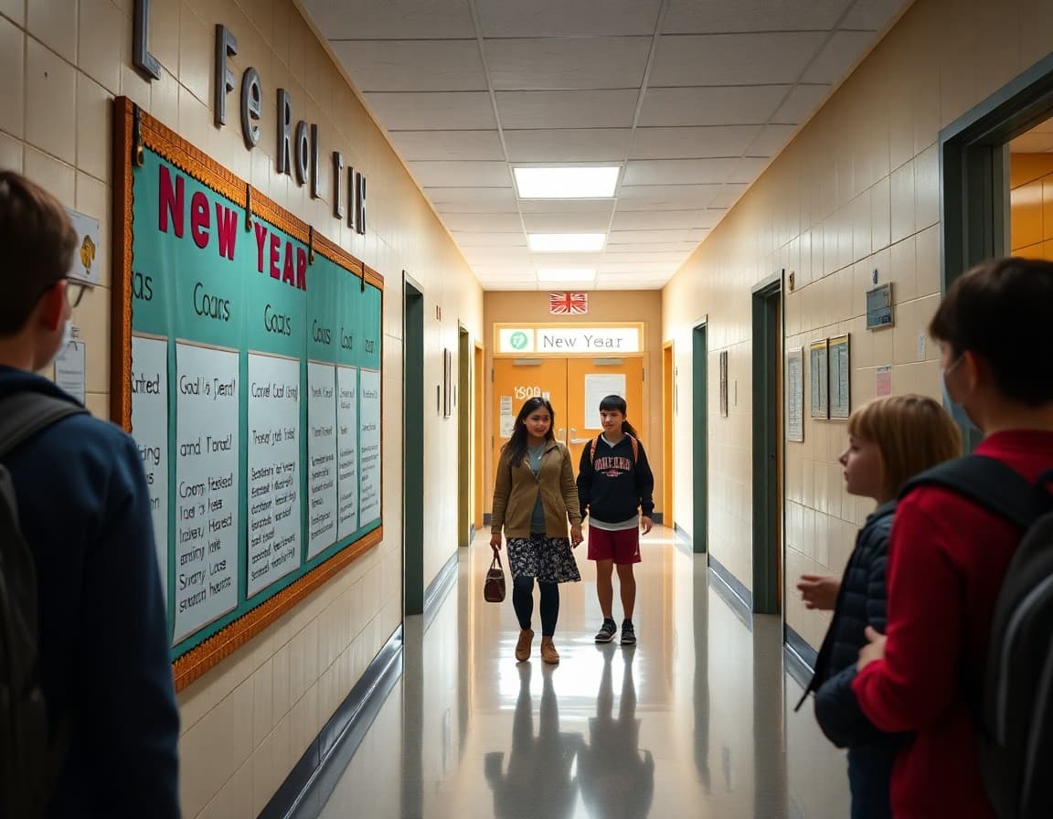 School hallway decorated with new year student goals displayed on bulletin board