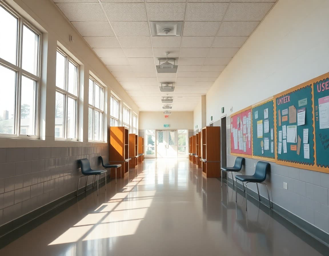 Empty school hallway in summer with sunlight coming through windows and bulletin boards ready