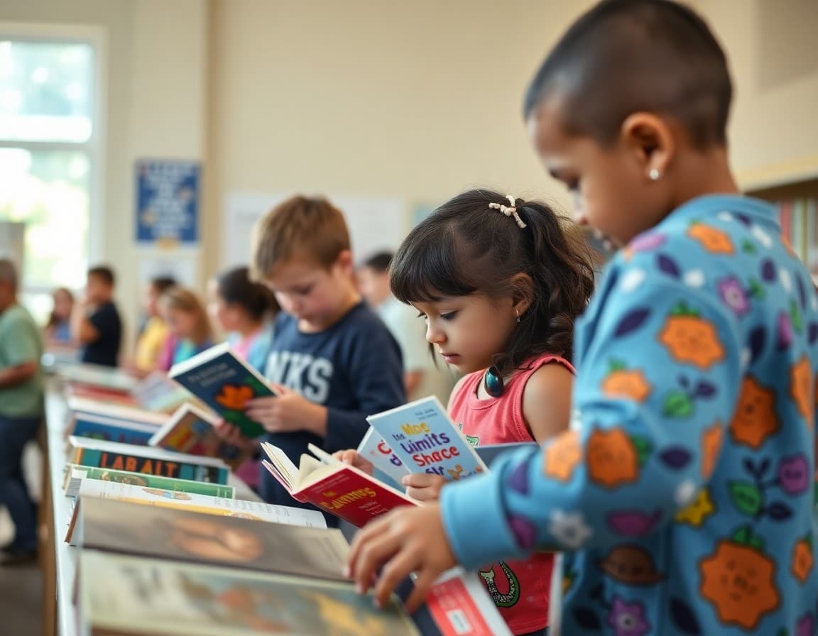 Children picking books at a public library summer reading program kickoff event