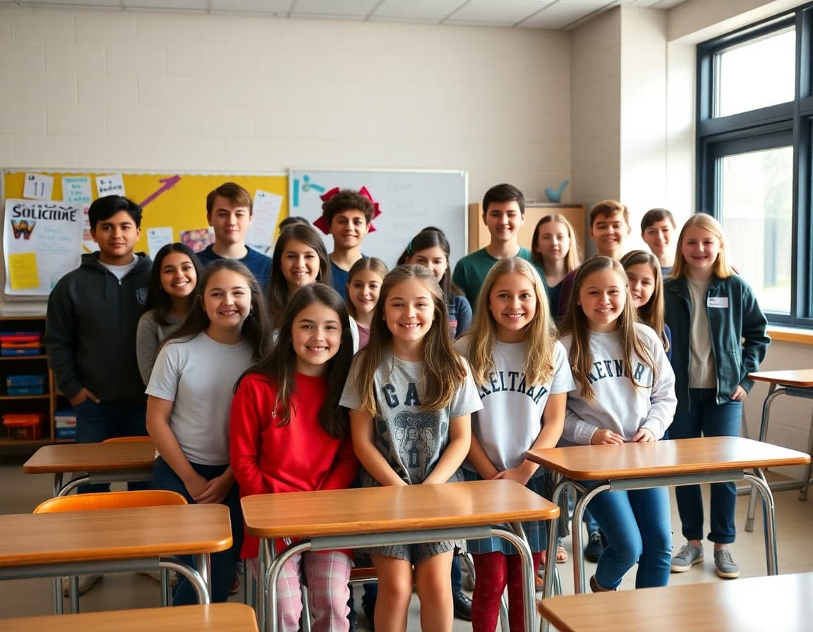 Middle school eighth graders posing for a class photo on their final day of middle school