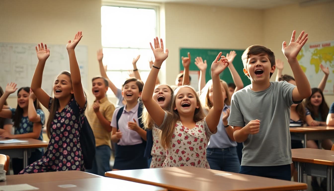 Middle school students cheering and celebrating on the last day of school in June