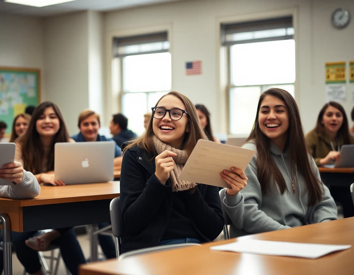 High school seniors celebrating college acceptance announcements in March