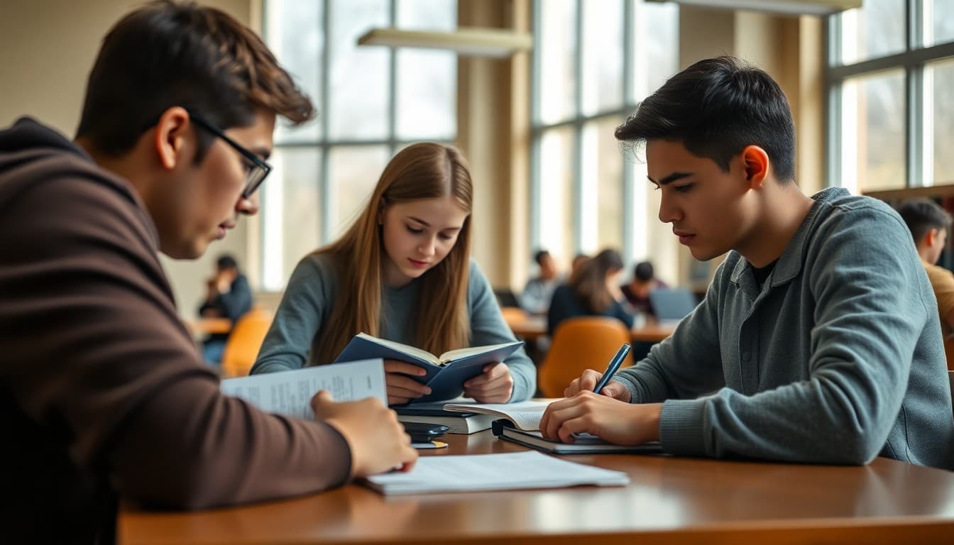 High school students studying for AP exams at a library table in March