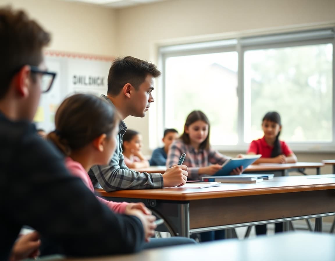 Middle school student leading a parent-teacher-student conference at a school desk
