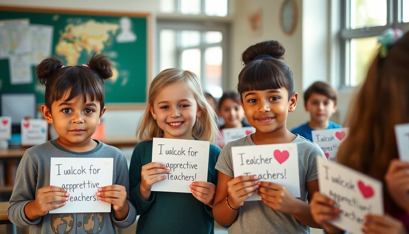 Elementary students holding appreciation cards for teachers during Teacher Appreciation Week