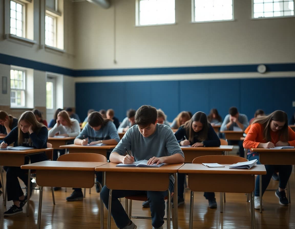 High school students taking AP exams in a quiet school gymnasium in early May