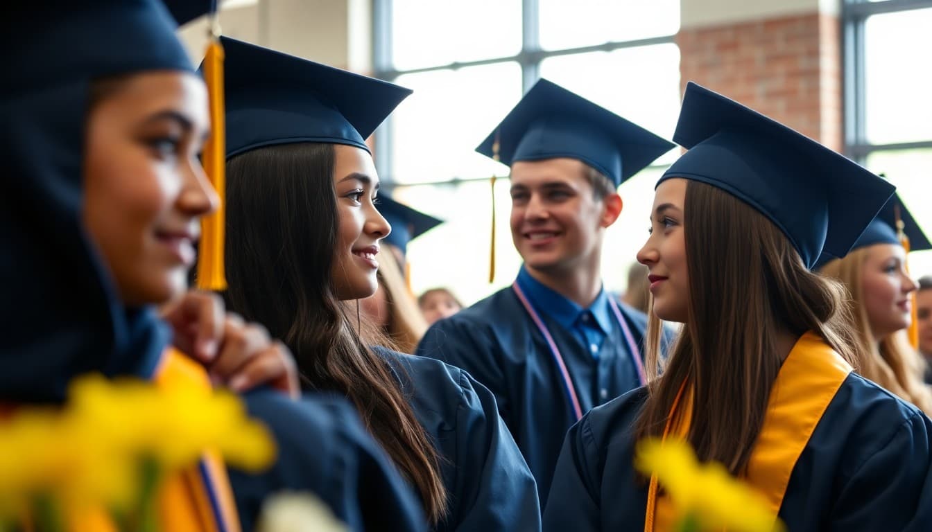 High school graduates in cap and gown at a commencement ceremony in May