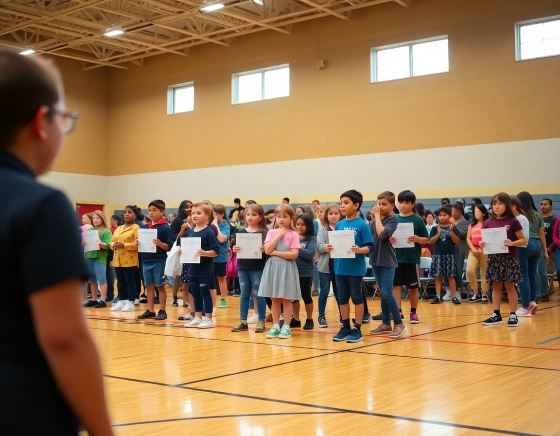 Middle school students and families at an end-of-year awards assembly in the gymnasium