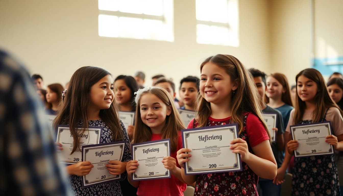 Middle school eighth graders receiving certificates at a promotion ceremony in May