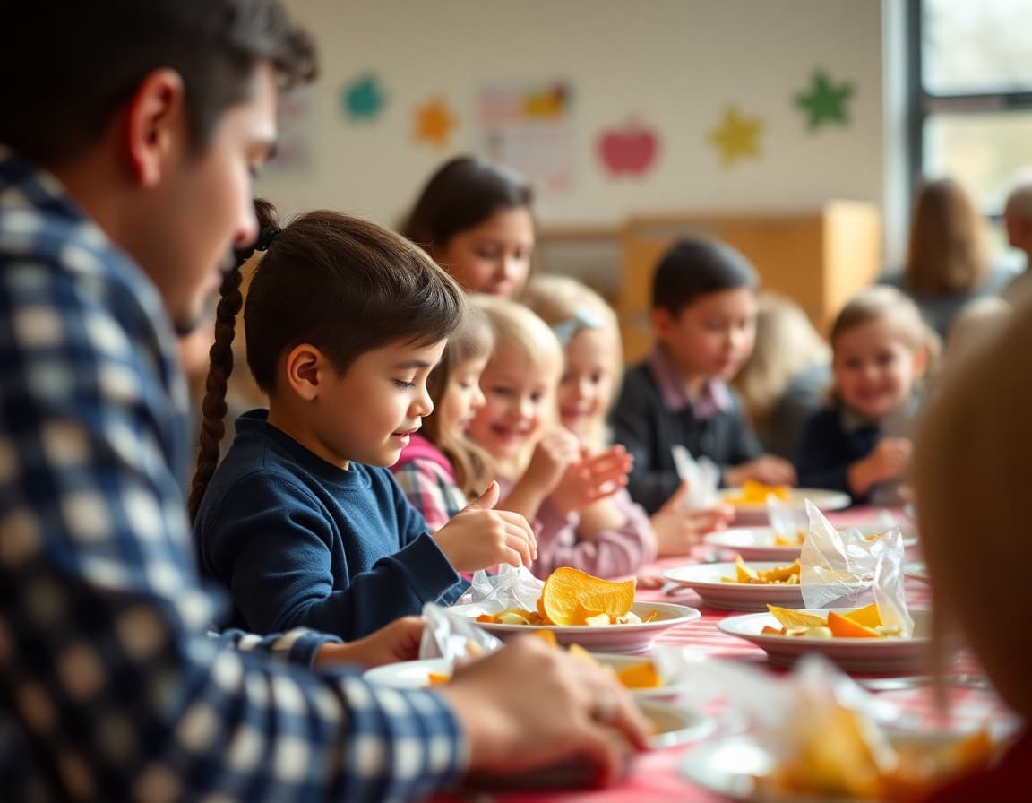 Family and students at a fall Thanksgiving luncheon event at an elementary school