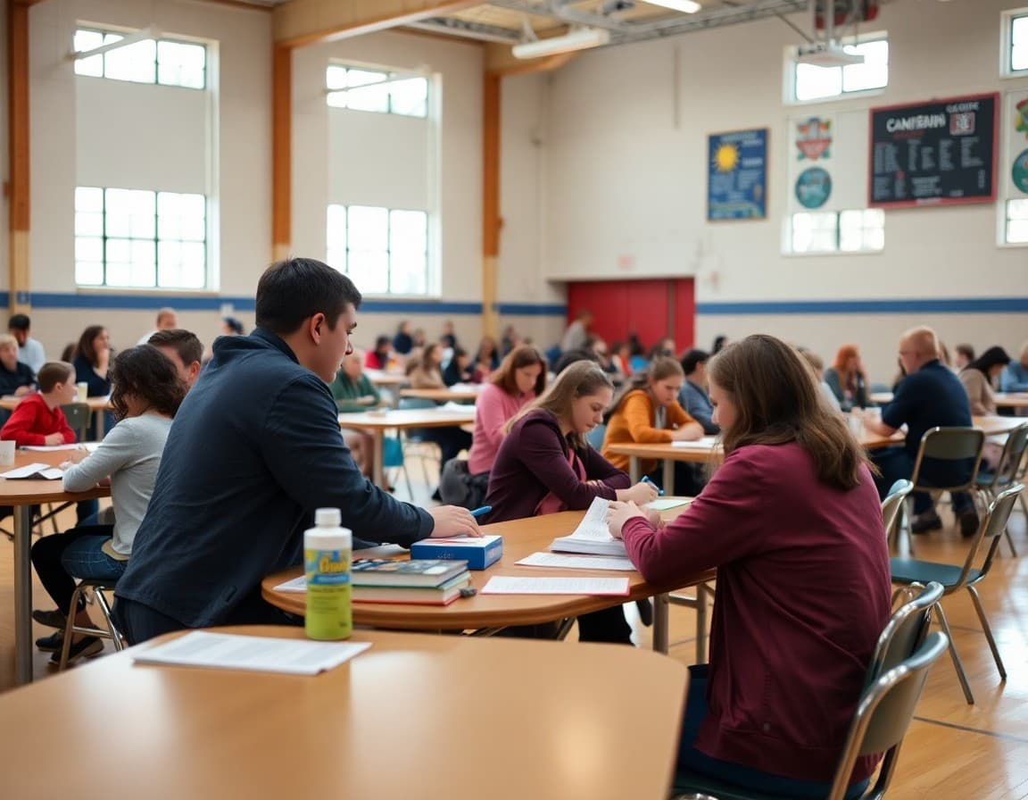 Families meeting with teachers at fall parent-teacher conference tables in a school gymnasium