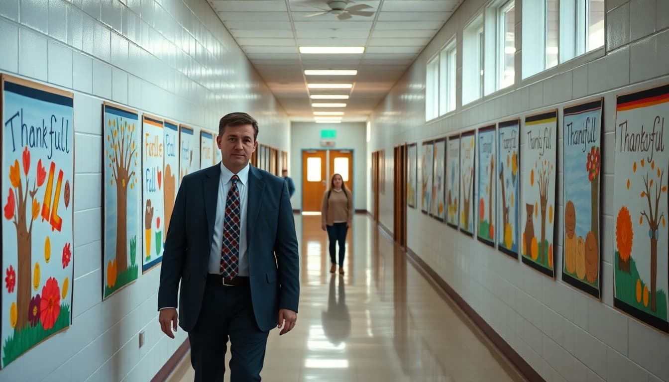 Principal walking through school hallway with fall gratitude student artwork on display