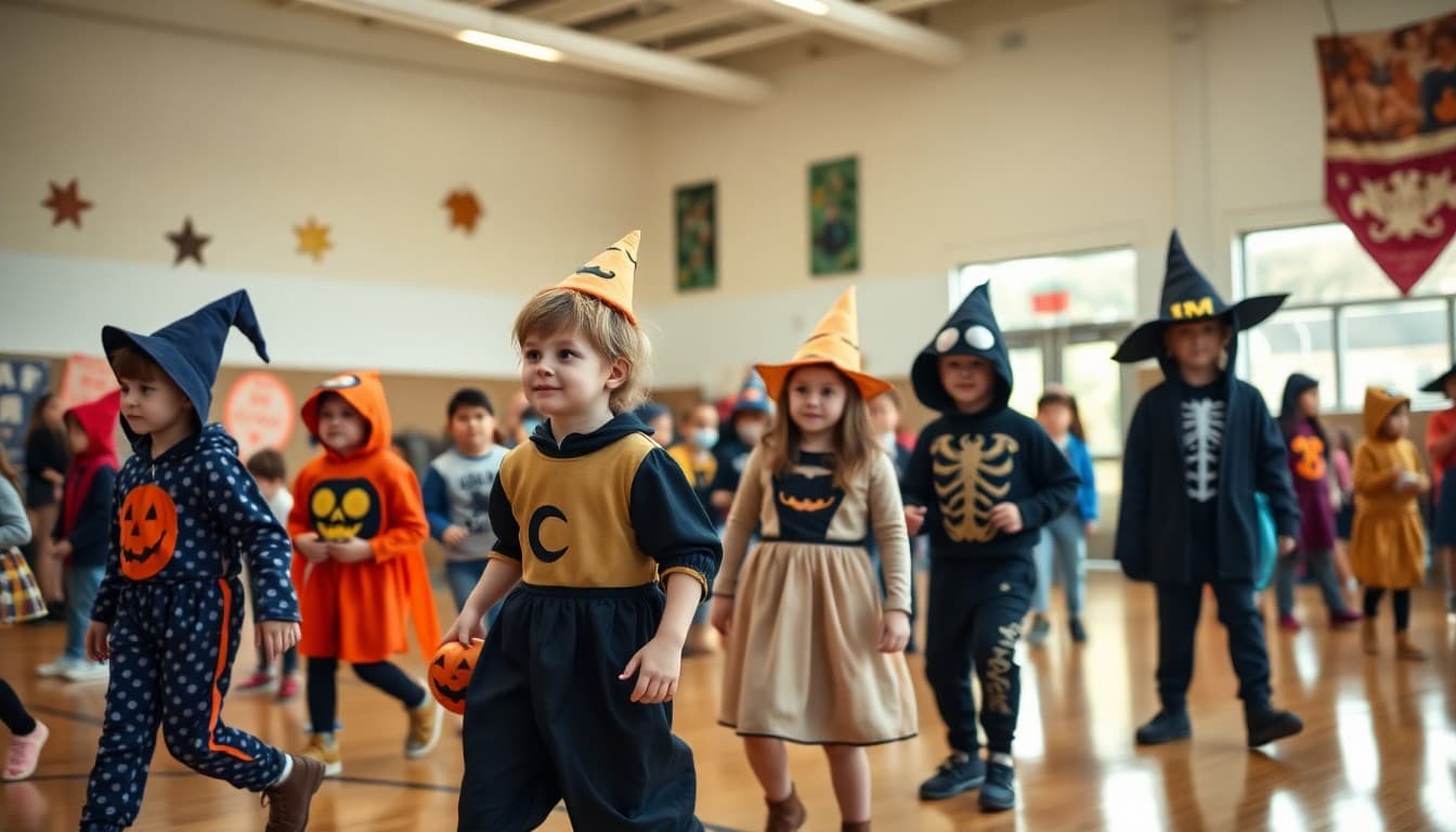 Elementary students in Halloween costumes parading in a school gym during a fall celebration