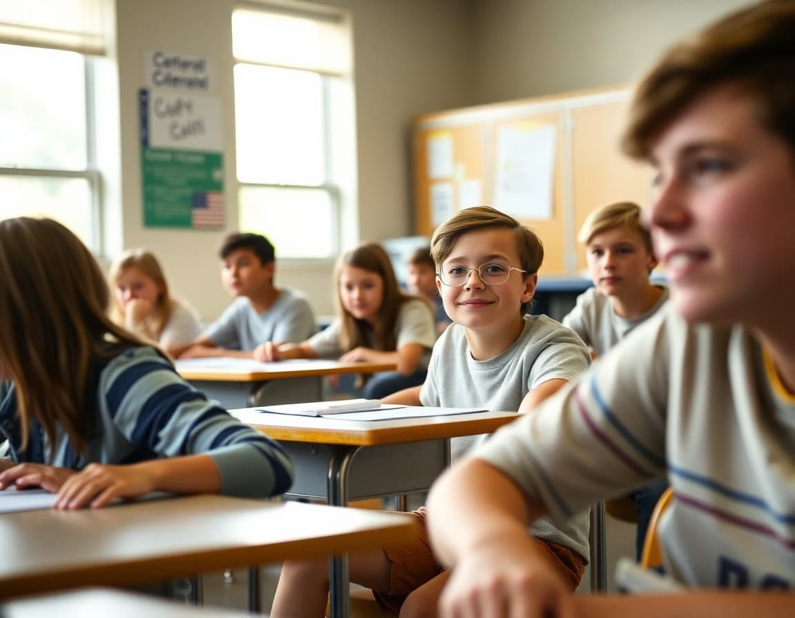 Middle school students in a new homeroom classroom on the first week of September