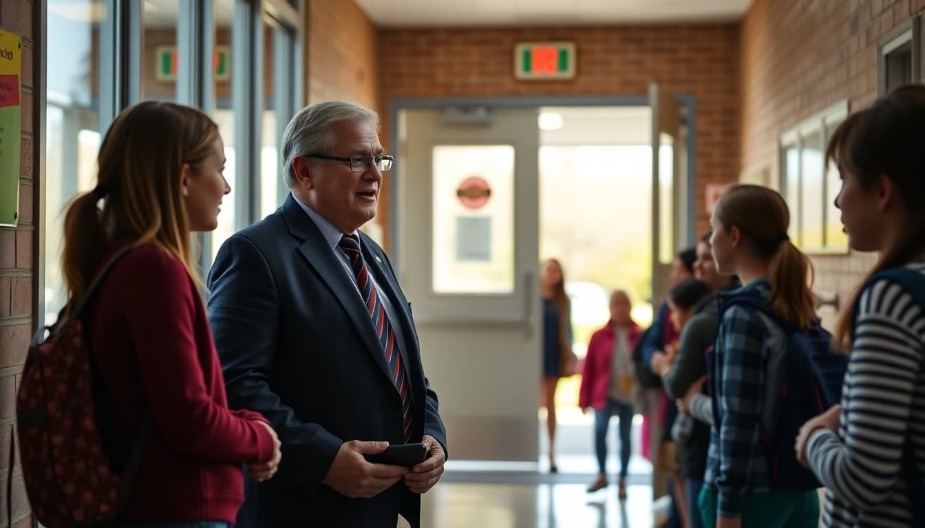 Middle school principal welcoming students at the front entrance on the first day of school