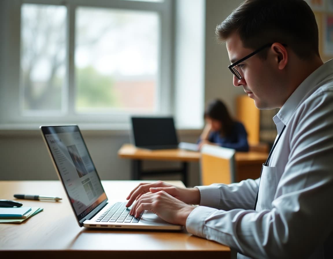 Principal typing on a laptop while reviewing a school newsletter draft