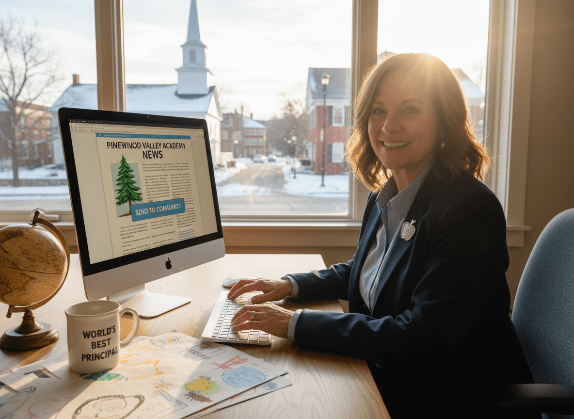 New Hampshire principal sending school newsletter to small-town New England community on computer