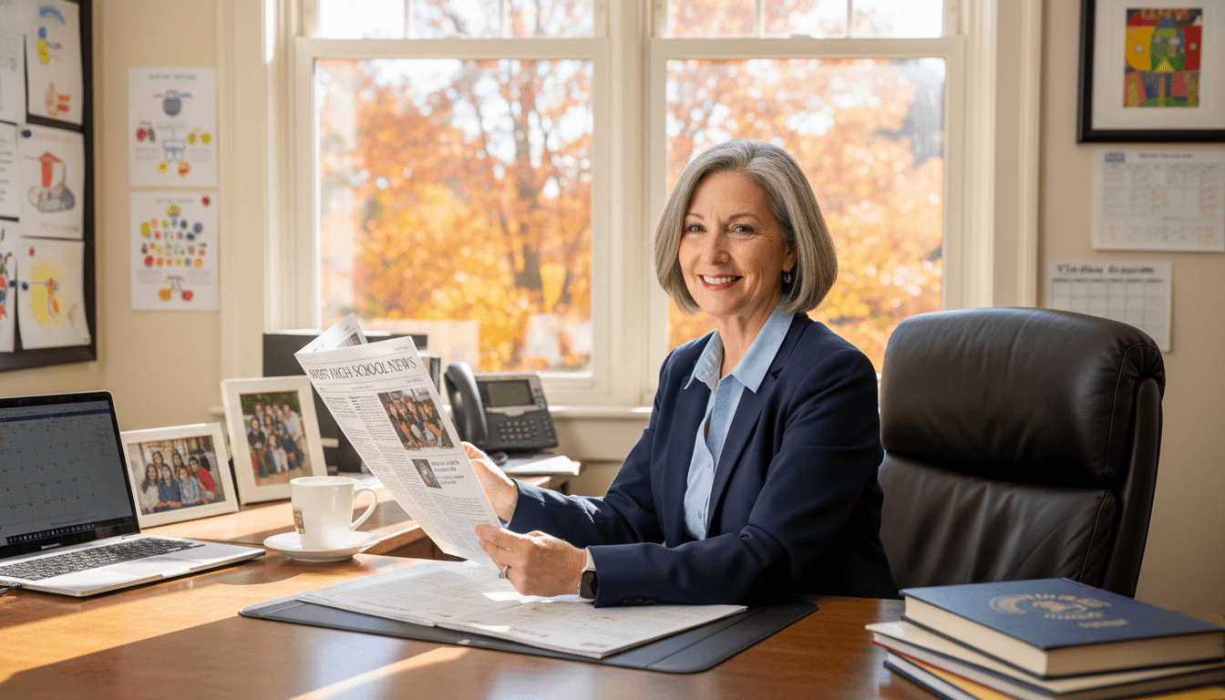 New Hampshire school principal reviewing newsletter at desk in Manchester area school office with fall foliage visible