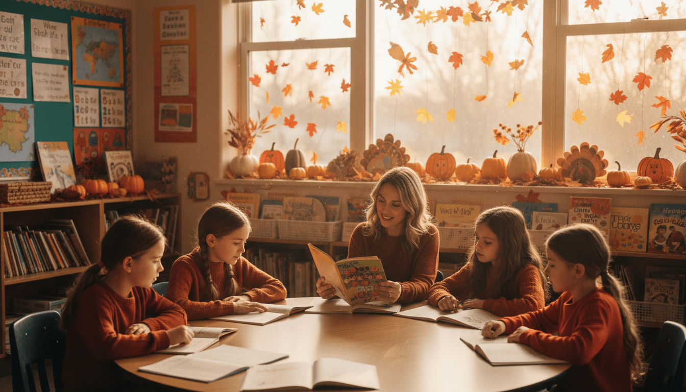 Students working in a focused small group reading session in a November classroom with fall window displays