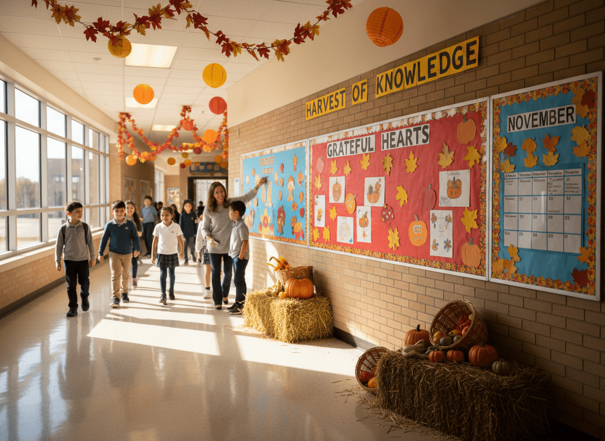 School hallway decorated for fall with bulletin boards visible in November