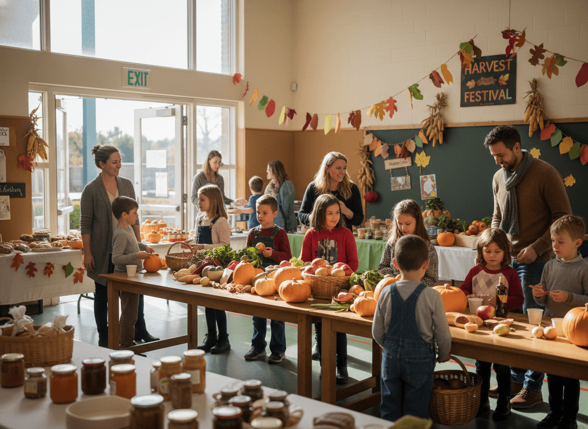 Students and teachers at a school harvest celebration with handmade decorations and community tables
