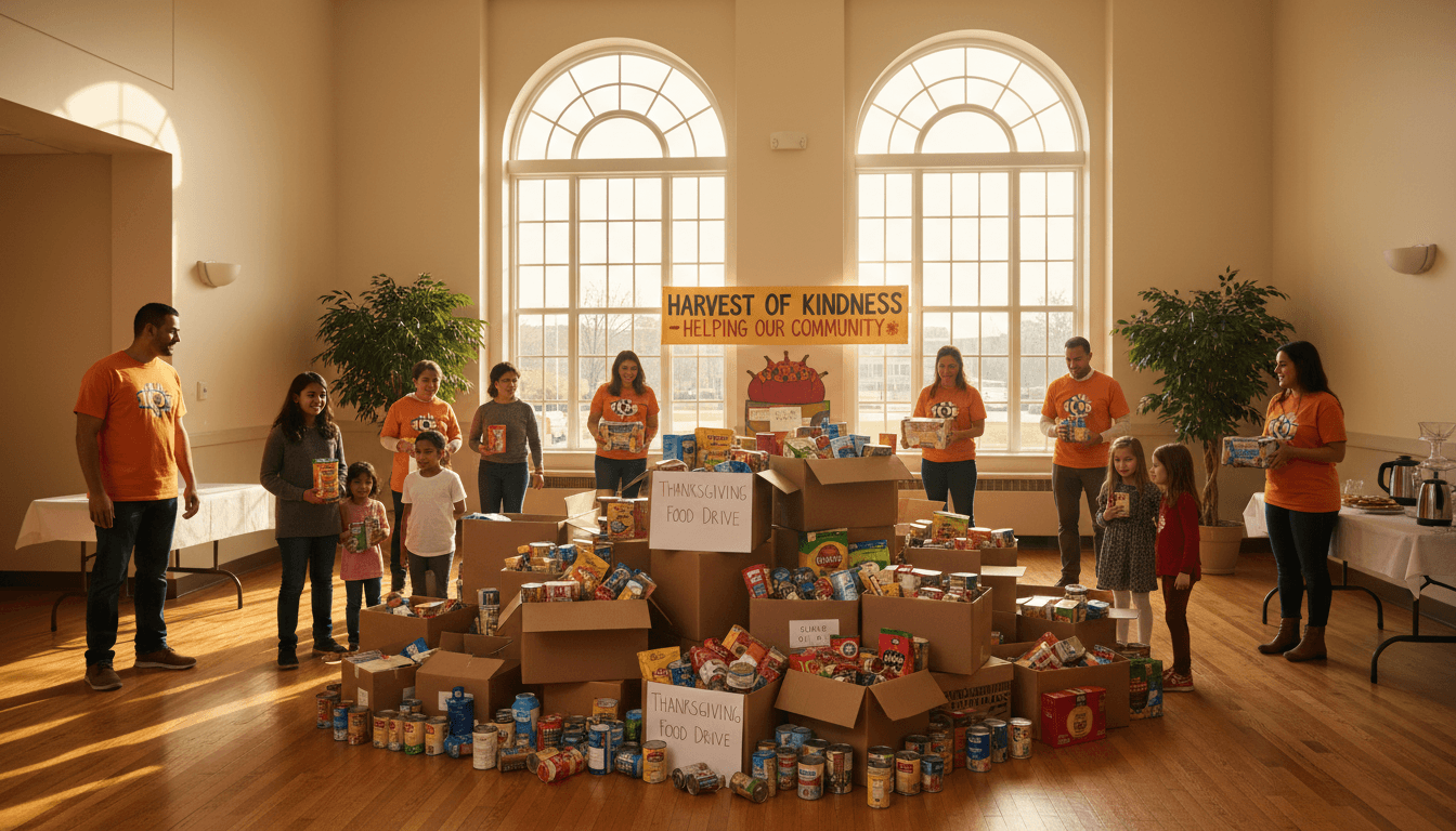 School families participating in a Thanksgiving food drive with boxes stacked in a school lobby