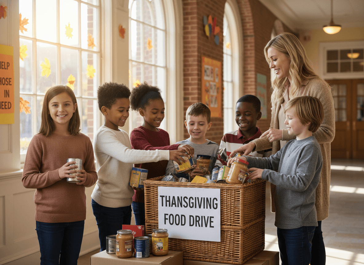 Students collecting canned goods for Thanksgiving food drive at school in November