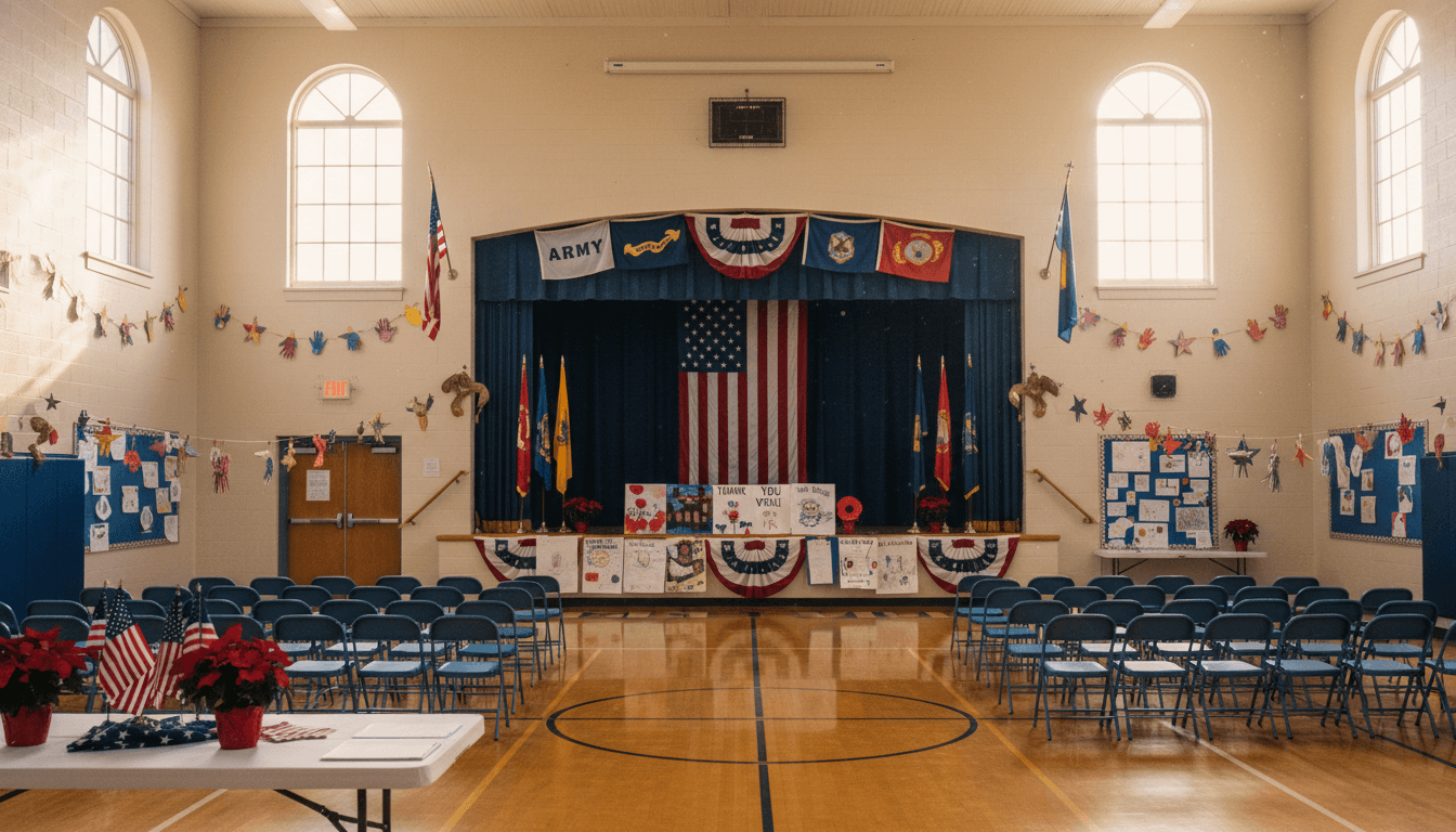 School gymnasium set up for Veterans Day assembly with flags and student artwork in November