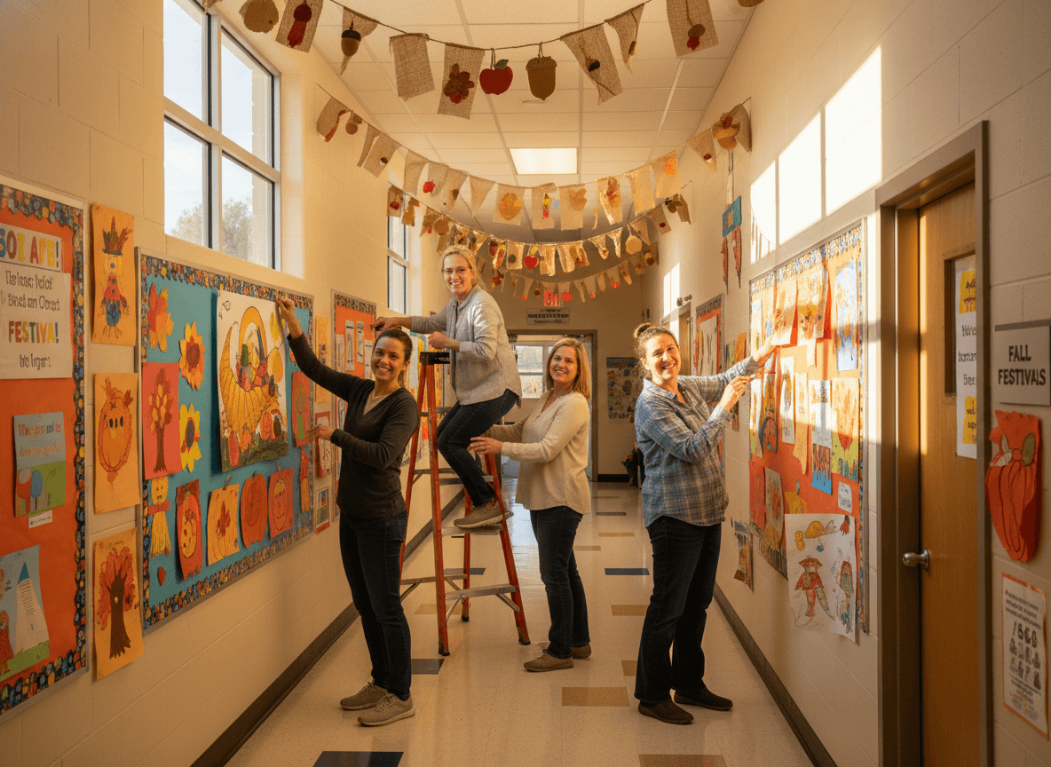 Volunteer parents decorating a school hallway with fall artwork made by students