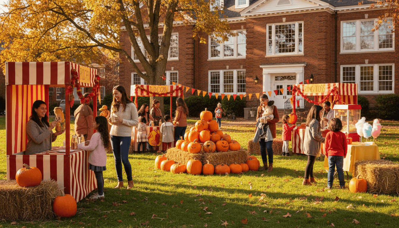 Students and families enjoying a fall carnival at a school with pumpkins and colorful booths