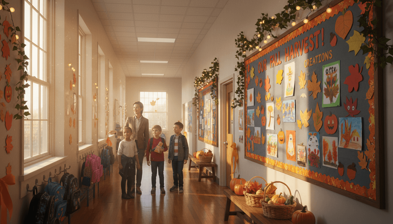 School hallway decorated for fall with bulletin boards and student artwork in October